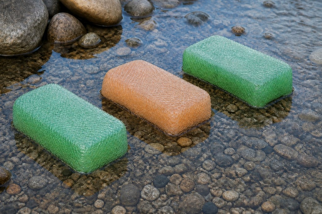 Three Gel Flocculant blocks resting on pebbles in clear, shallow water